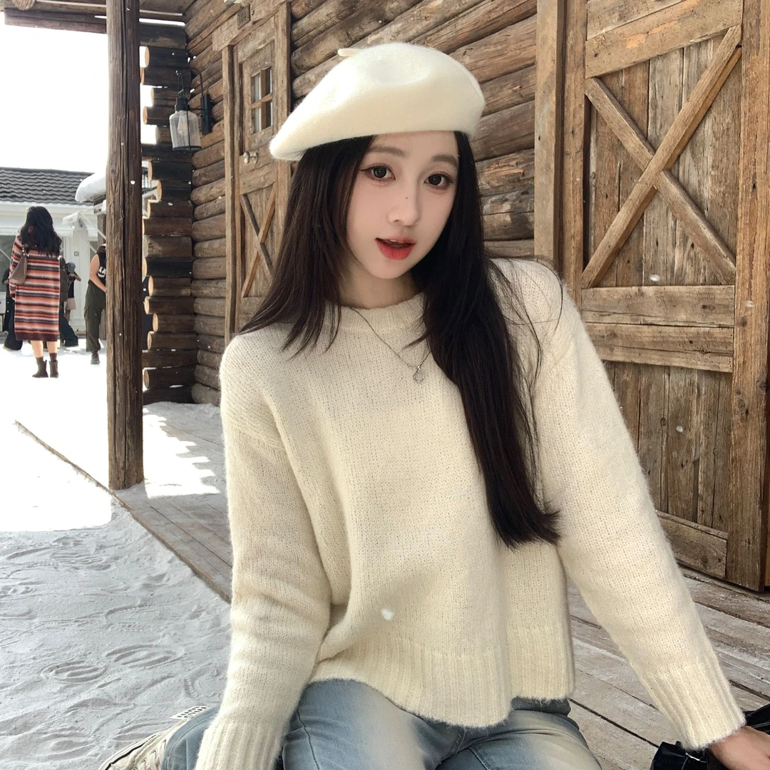 奶fufu浣熊绒软糯毛衣女秋冬宽松套头慵懒风打底针织衫内搭上衣厚