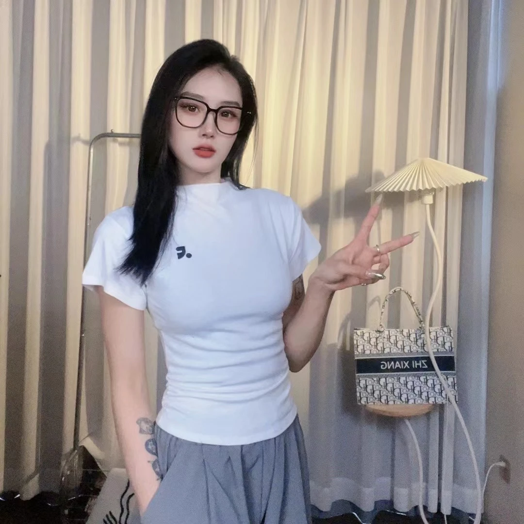 紧身收腰半高领2025正肩短袖t恤女夏设计感褶皱辣妹显瘦小众上衣