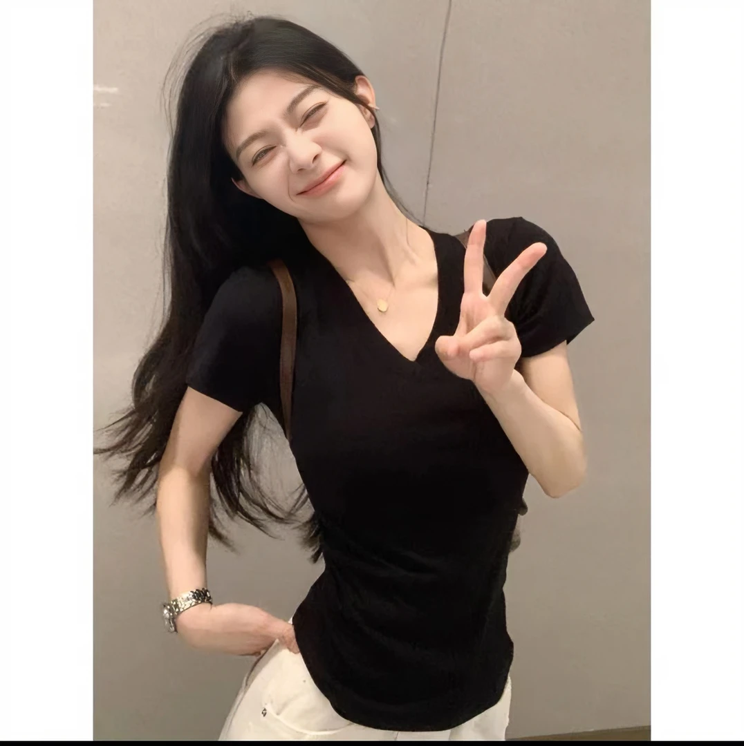 纯色正肩V领短袖t恤女2024年夏季新款辣妹收腰修身打底上衣