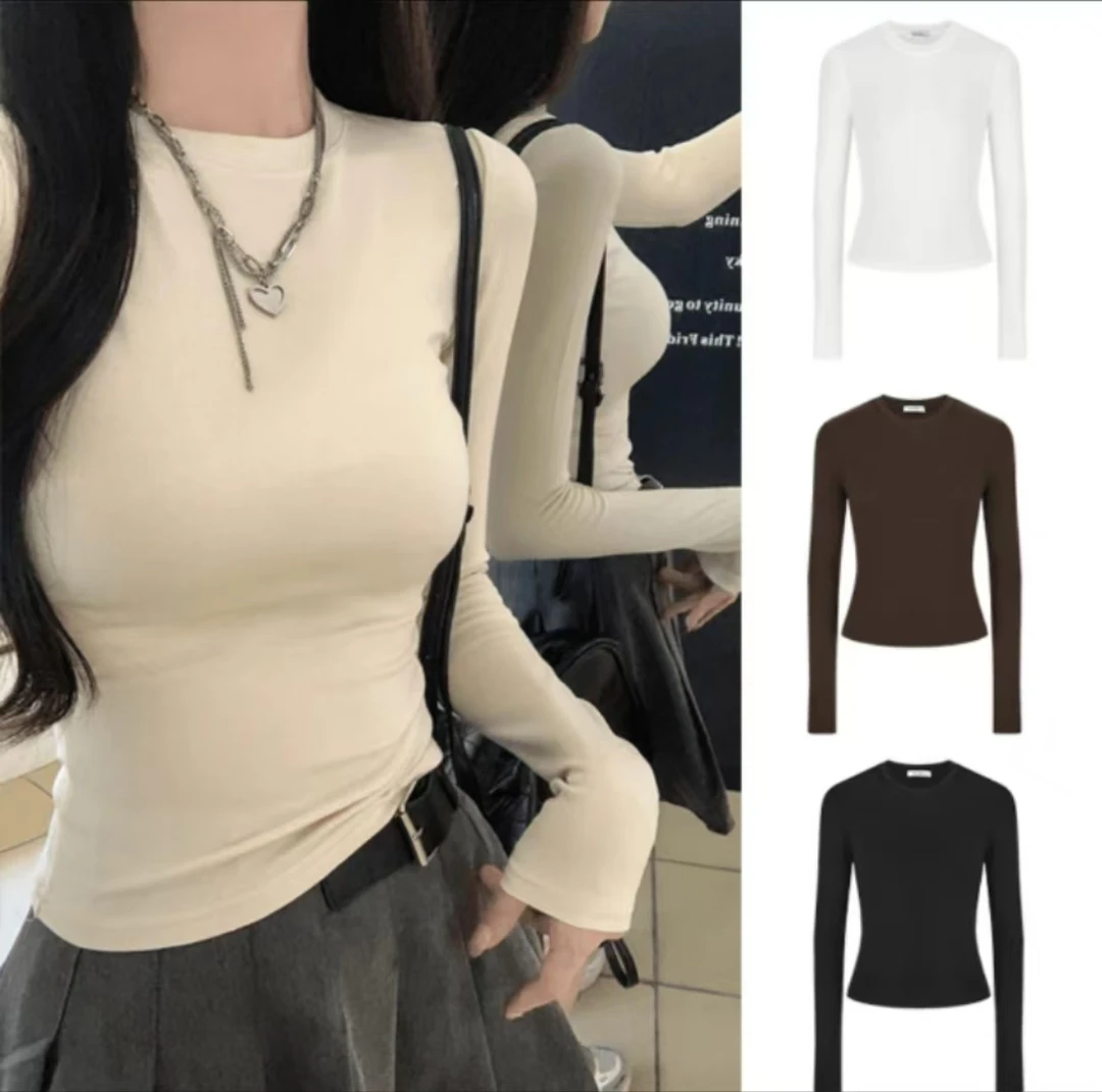 显瘦掐腰正肩圆领t恤女 修身打底衫纯色高能感秋冬季长袖紧身上衣