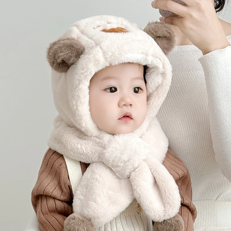 宝宝帽子秋冬男女童毛绒围脖儿童帽子围巾一体婴儿帽冬季护耳保暖