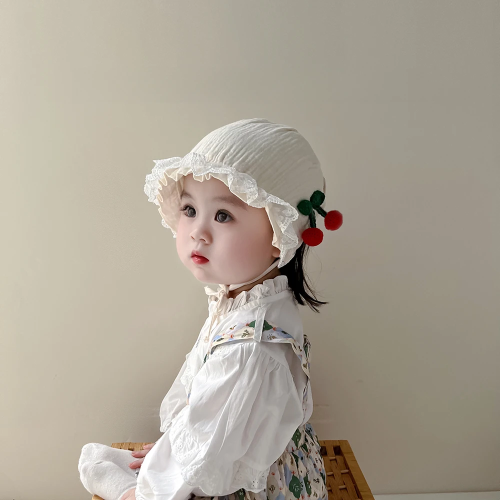 樱桃蕾丝花边护耳婴儿帽子春秋季新生儿婴幼儿男女宝宝胎帽套头帽