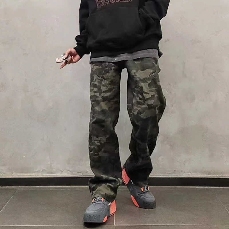 复古迷彩工装宽松直筒hiphop牛仔裤男女美式街头休闲长裤潮