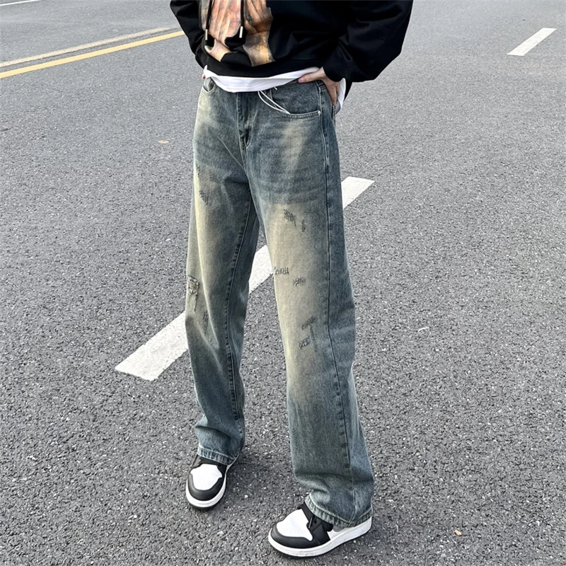 美式复古水洗做旧直筒宽松高腰阔腿牛仔裤男高街潮牌垂感微喇裤子