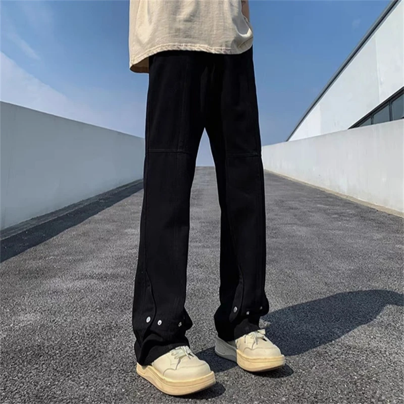黑色微喇叭牛仔裤男春秋季美式潮流拖地裤高街长裤vibe风解构裤子