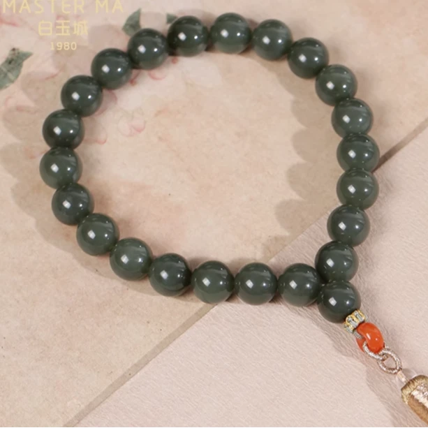 马瑞白玉城新疆和田玉青玉白皮河里料古风珠串手串青玉手持DZ7710