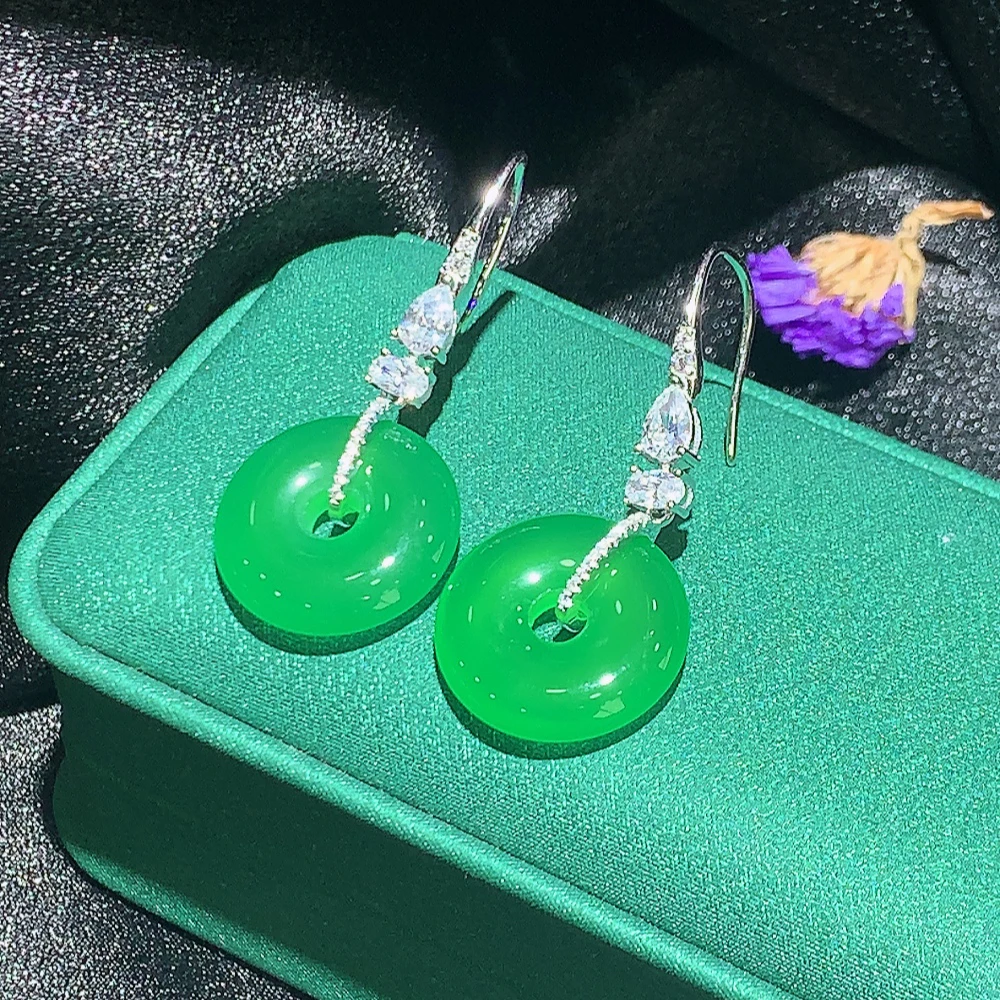 「霞姐」天然绿玉髓平安扣耳坠银镶嵌