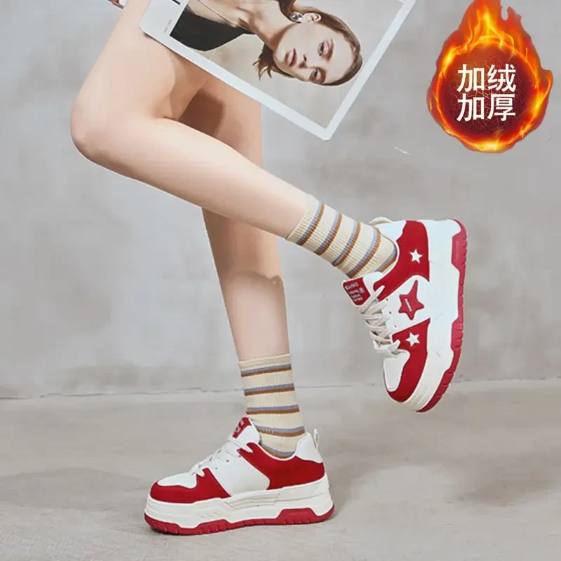 星星板鞋女2023冬季新款加绒小白鞋子时尚百搭厚底增高运动休闲鞋