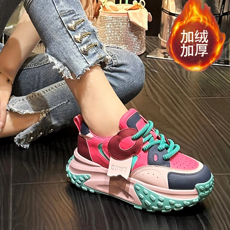 加绒时尚百搭厚底松糕粉色老爹鞋2023秋冬季新款女网红运动休闲鞋