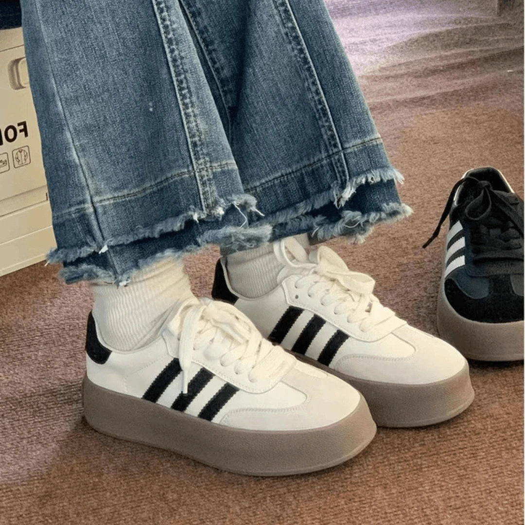 大婉酱微胖定制 真皮厚底小白鞋女复古拼色休闲运动德训鞋