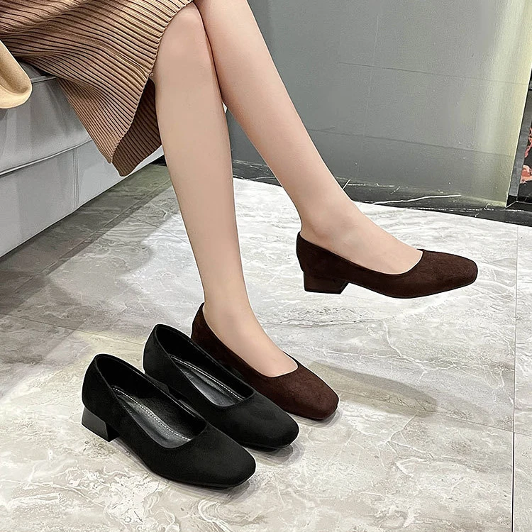 方头水钻低跟单鞋女通勤2024年新款春秋女鞋浅口方扣不累脚粗跟鞋