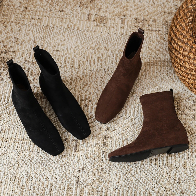 百搭弹力瘦瘦靴方头内增高极简风短靴秋冬低跟绒面弹力靴