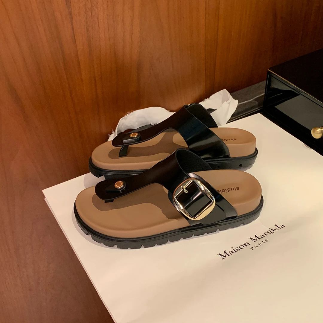 佛罗里达～夹趾宽一字带可调节方扣百搭凉拖鞋平底勃肯真皮拖鞋女