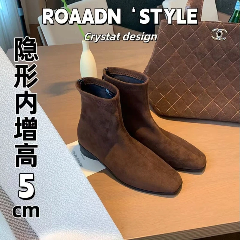 小个子内增高复古方头时尚百搭马丁靴粗跟弹力瘦瘦靴秋冬短靴女