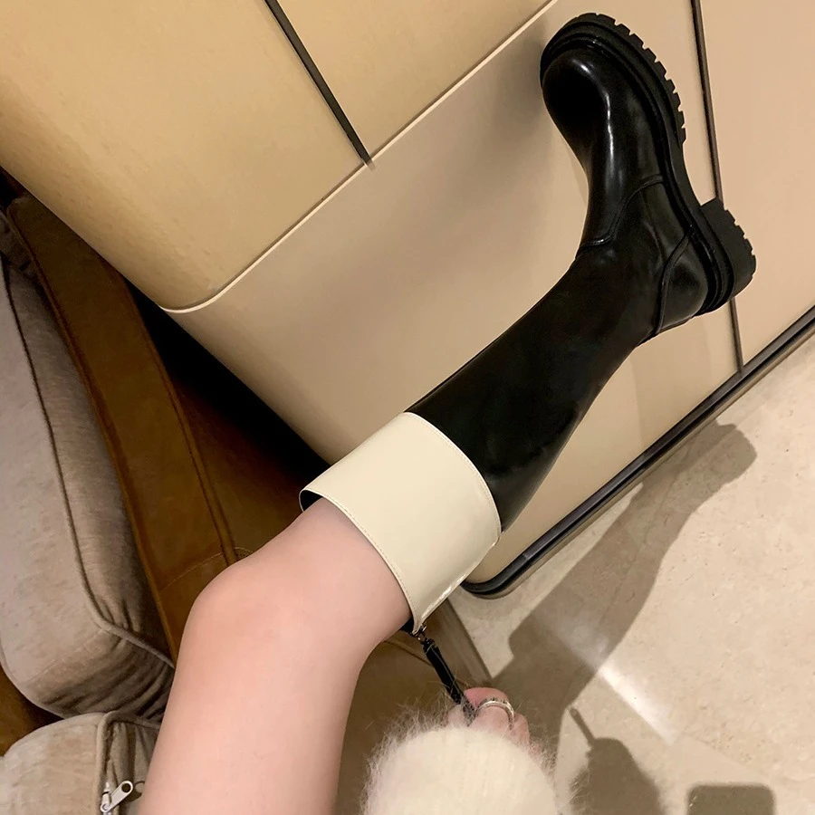 显瘦不过膝长筒靴女黑白拼色骑士靴厚底粗跟长靴后拉链高筒靴