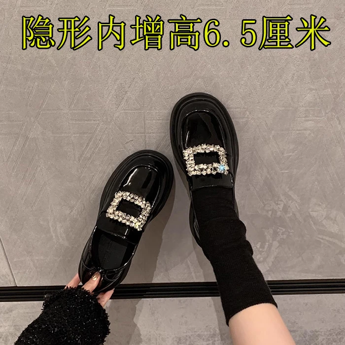 时尚真皮水钻加绒厚底内增高乐福单鞋女英伦风小皮鞋女