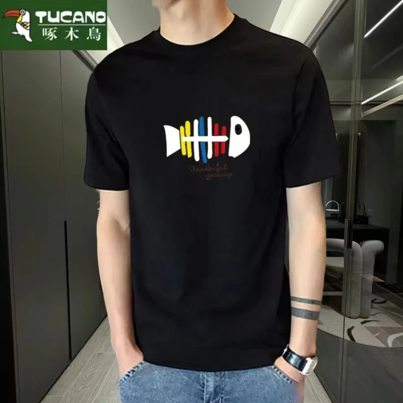 啄木鸟ins纯棉短袖潮流百搭时尚圆领男士透气韩版宽松印花半袖t恤