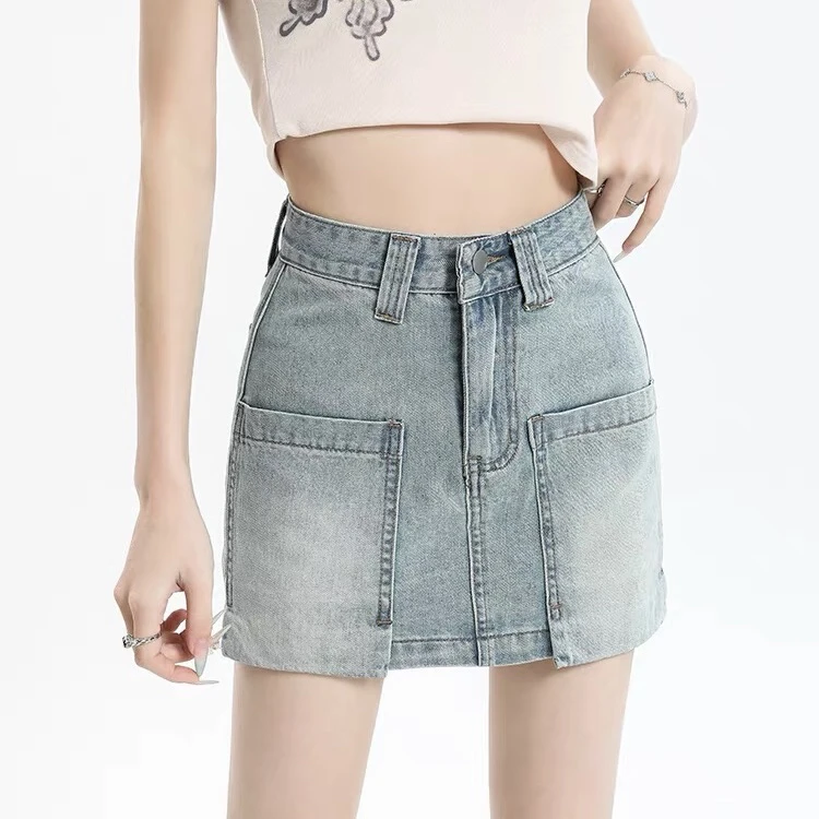 夏季时尚百搭显瘦短裙修身A字裙工装大口袋防走光高弹牛仔半身裙