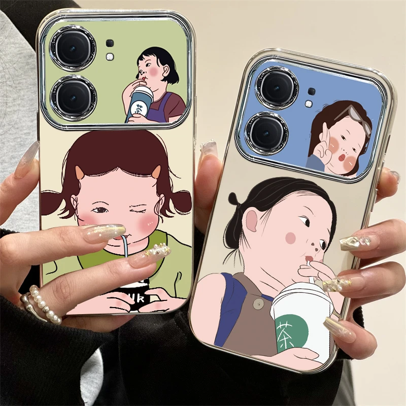 奶茶女孩适用iqooneo9手机壳neo9pro电镀大视窗搞怪女全包带手链