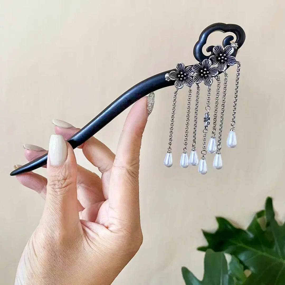 黑檀木手工复古日常简约中国旗袍盘发簪头饰古风中国风步摇发饰