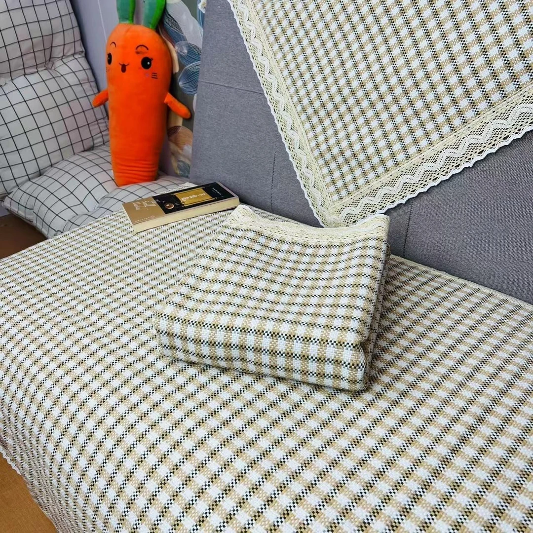 老粗布【沙发巾单条装】<小绿咖格>90X90cm<±5cm> 加厚简约透气