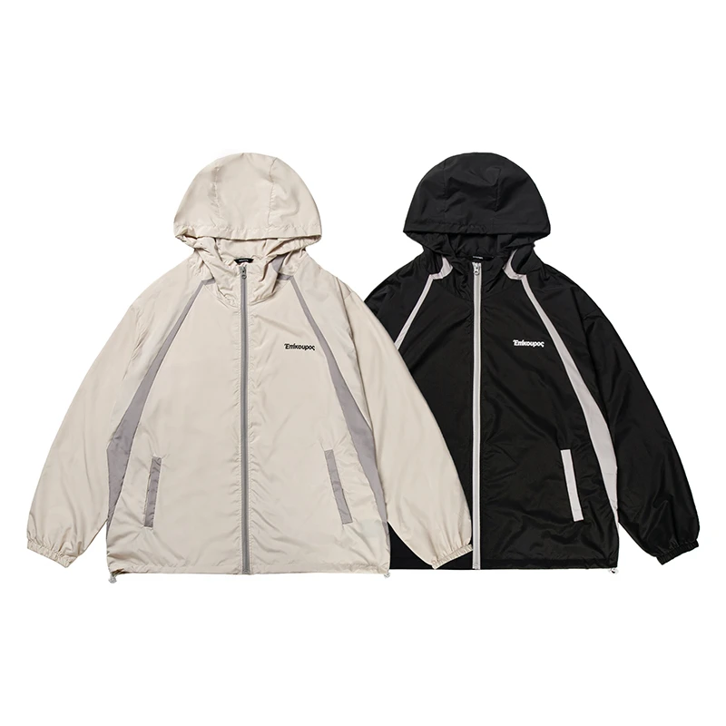 23613夏季拼接皮肤衣外套夹克防风潮流宽松连帽户外