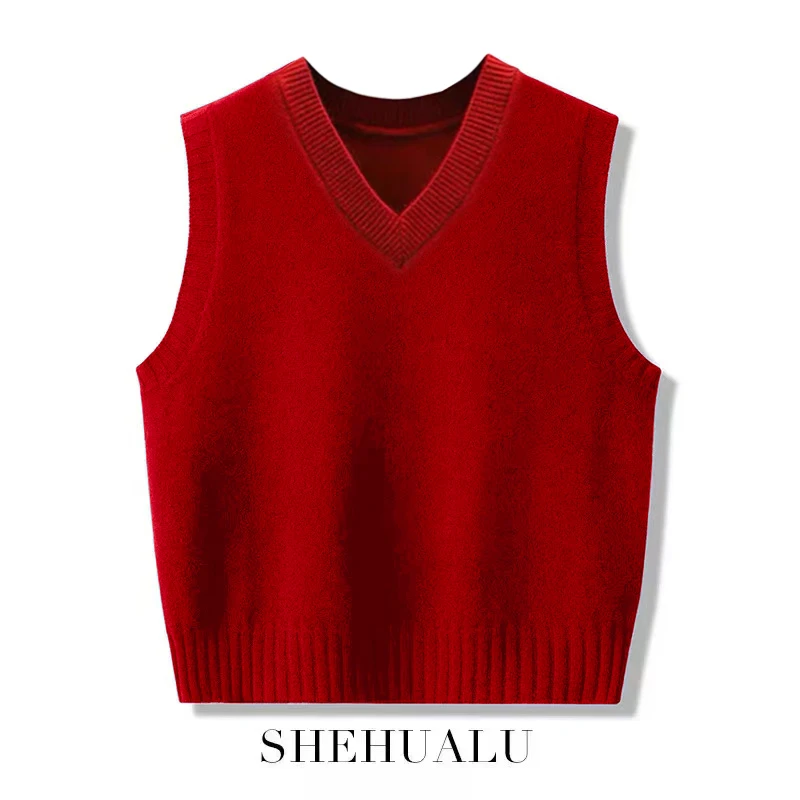 清仓捡漏~专柜新年红V领纯色百搭马甲女外穿时尚针织洋气马夹背心