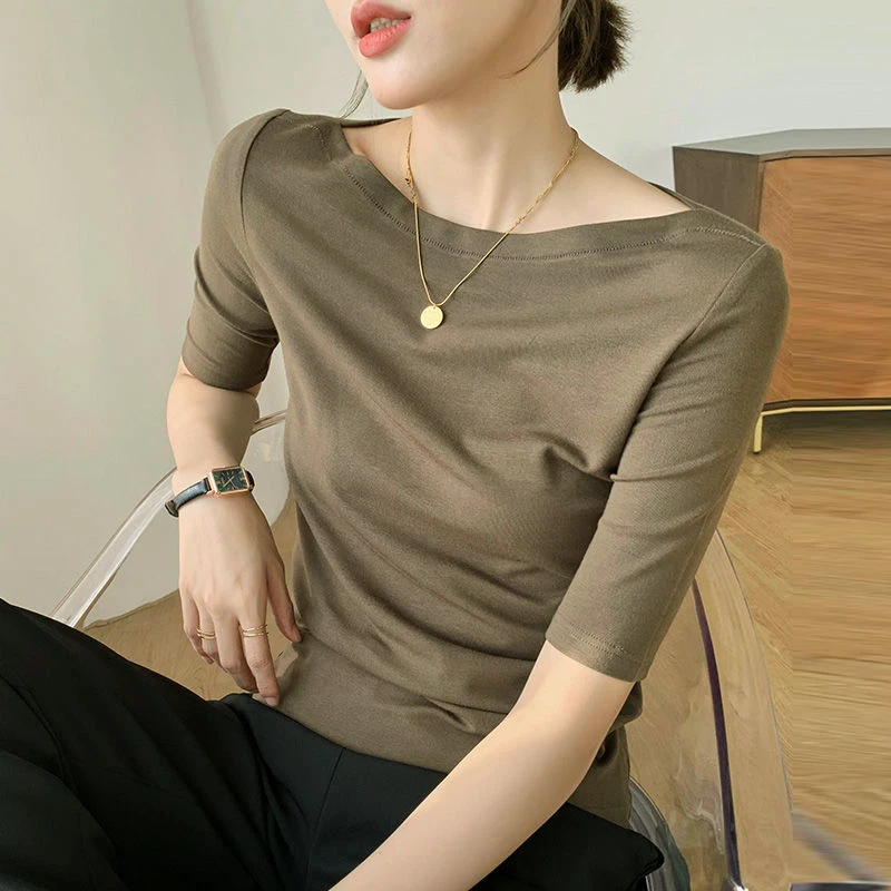 中袖洋气莫代尔一字肩上衣女春夏薄款内搭五分袖T恤百搭打底衫女