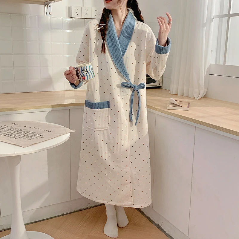 月子服秋冬季加厚纯棉产后喂奶哺乳睡裙孕妇睡衣中长款连衣裙春秋