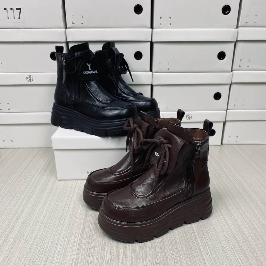 清货！港风复古小短靴女厚底松糕鞋