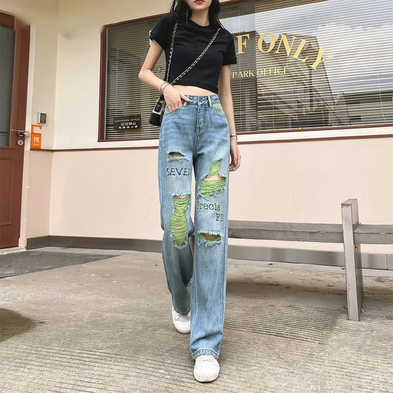 薄款刺绣撞色牛仔裤女春秋季宽松显瘦直筒休闲裤高腰百搭拖地裤子