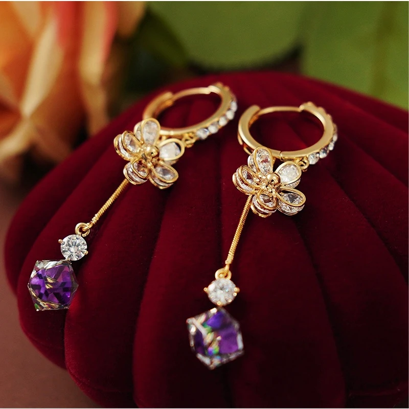 铜合金玻璃耳饰 2023新款紫色优雅花朵耳环耳饰气质轻奢小众设计