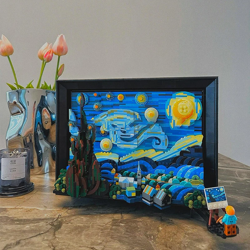 新款梵高星空画星月夜积木拼装益智玩具手工模型摆件女孩生日礼物