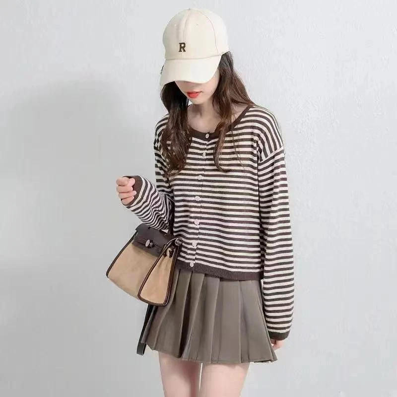 132-1 秋季条纹开衫针织卫衣女宽松韩版复古外搭 慵懒风外套上衣