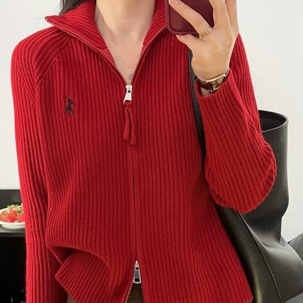 82002 小马刺绣针织衫翻领韩版显瘦双拉链女上衣加厚百搭时尚