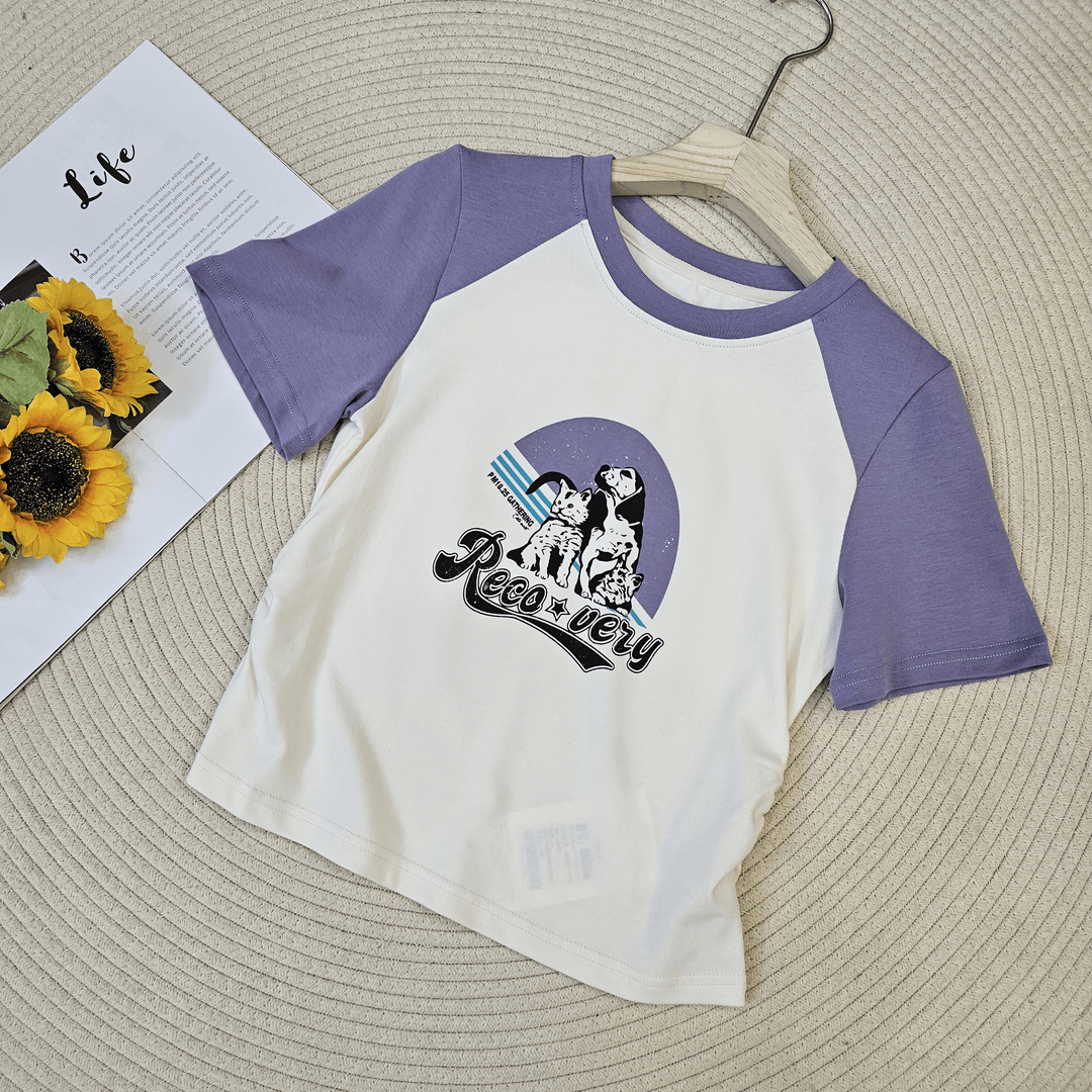 【叶子服饰】夏季新款圆领短袖紫色拼色T恤56C3366