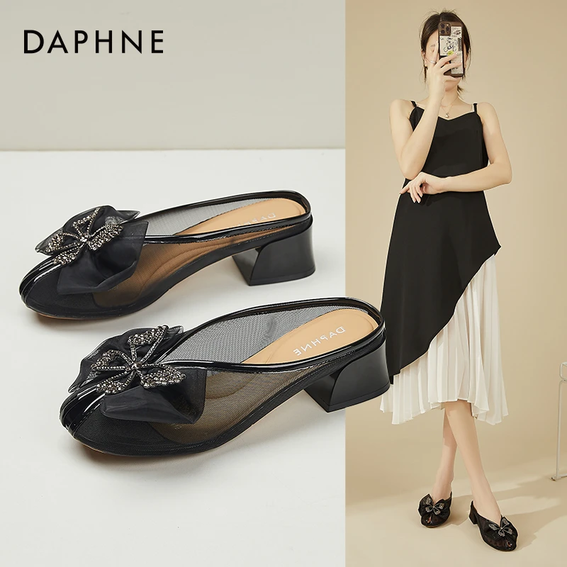 达芙妮镂空新款包头拖鞋2025夏季新款女士凉拖透气舒适黑色蝴蝶结