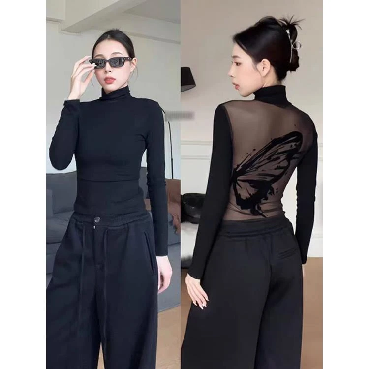 妙前【墨本儒雅】2024辣妹蝴蝶植绒印花设计感长袖上衣打底长袖秋冬