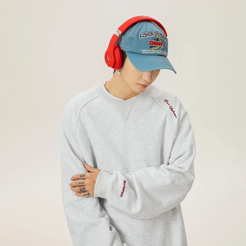 结构拼接400G重磅圆领卫衣男美式字母刺绣插肩袖帽衫复古宽松外套