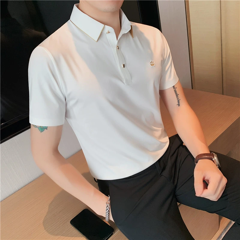 冰丝无痕黑色polo衫短袖男高档轻奢商务修身弹力百搭修身韩版T恤
