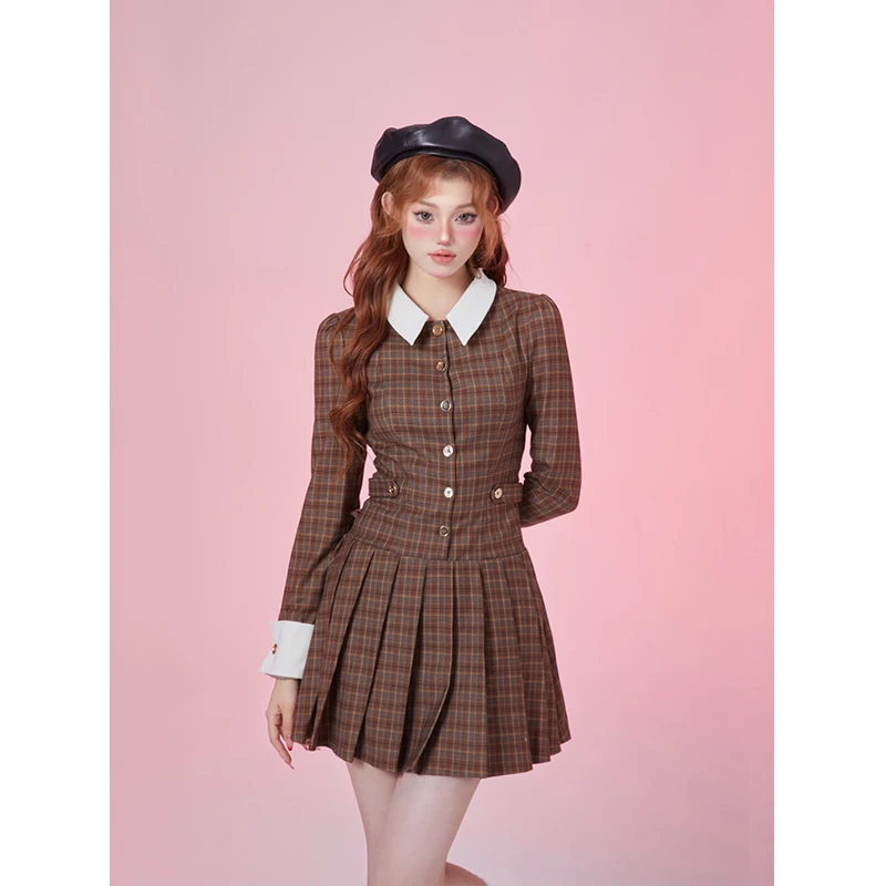 【清仓5折】GirlyFancyClub美拉德复古格纹收腰百褶长袖连衣裙冬