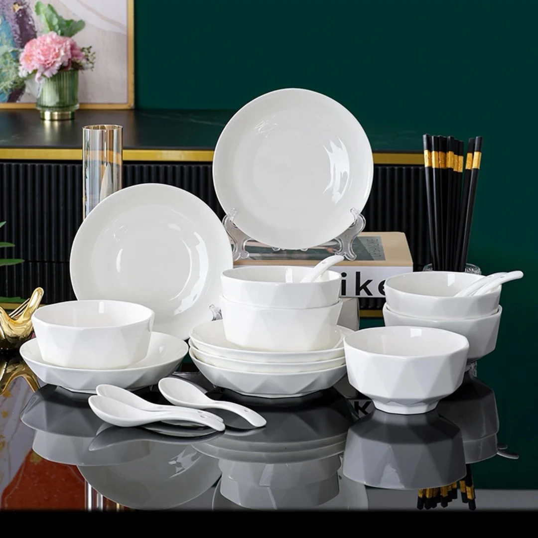 【陶园春】纯白钻石18件套中式家用简约陶瓷吃饭饭菜盘子味碟餐具