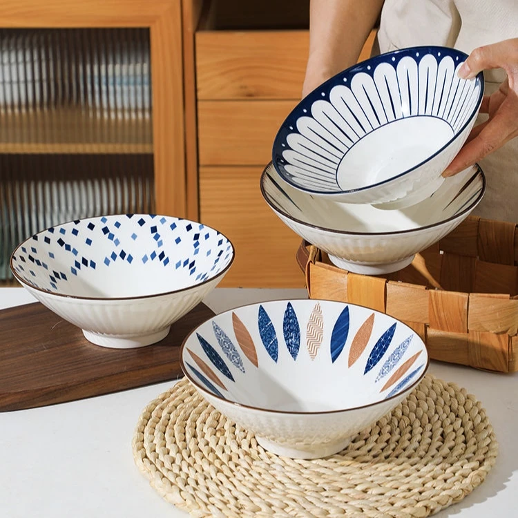 4个釉下彩8英寸日式大号家用陶瓷大汤碗创意颜值斗笠大碗高脚碗