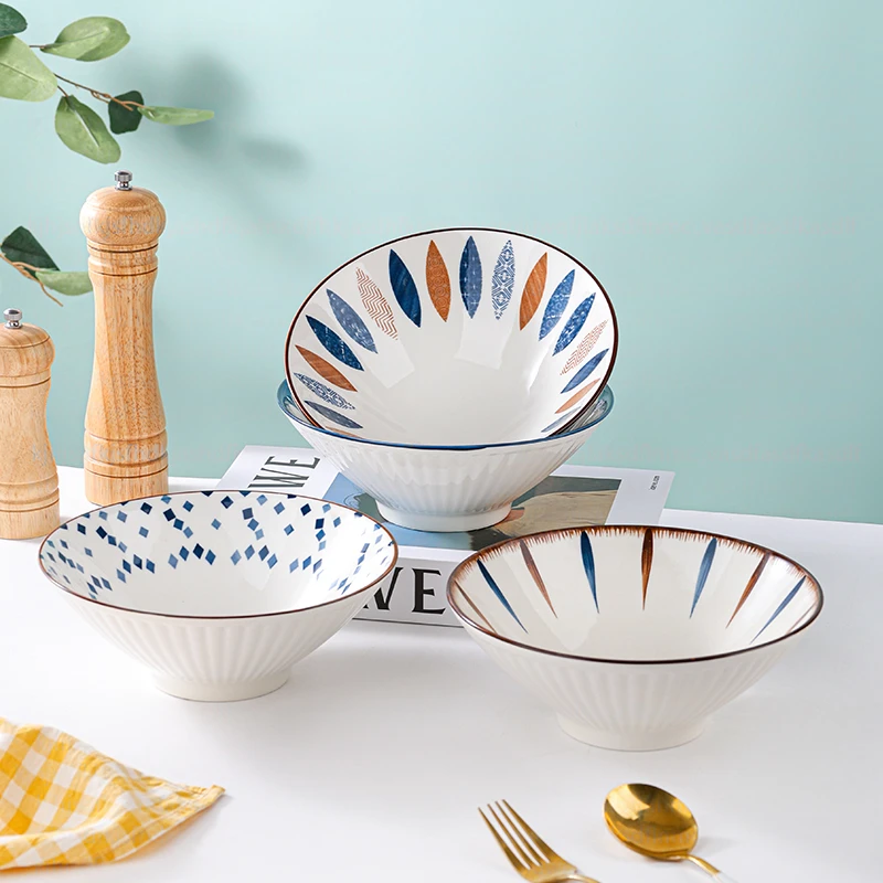 陶园春新中式餐具家庭印花8英寸4只斗笠汤碗网红款餐盘釉下彩大碗