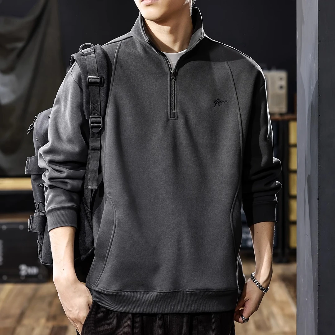 U&PURA美式复古加绒半拉链立领卫衣男2024秋冬新款宽松休闲潮流