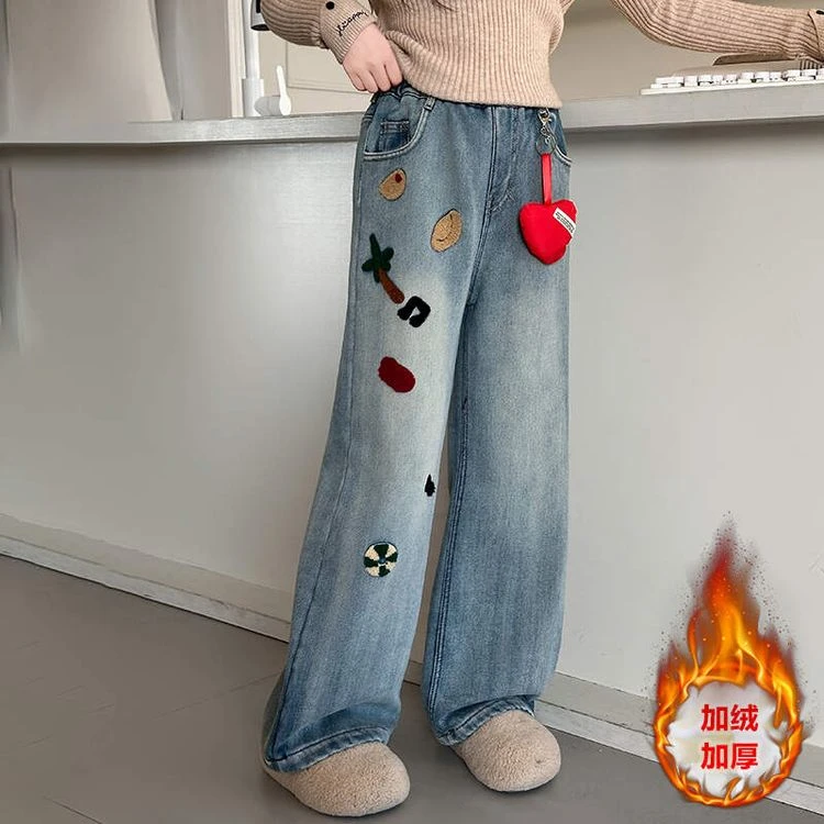 女童加绒牛仔裤冬款2024新款女大童窄版阔腿裤儿童水洗直筒长裤子