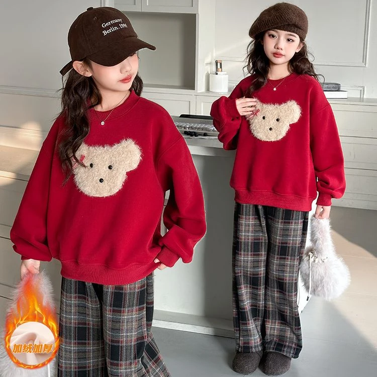 女童秋冬加绒卫衣2024新款儿童一体绒洋气上衣加厚中大童新年外套