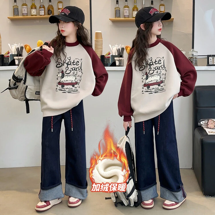 女童加绒卫衣秋冬装2025新款洋气大童秋装一体绒儿童圆领打底上衣