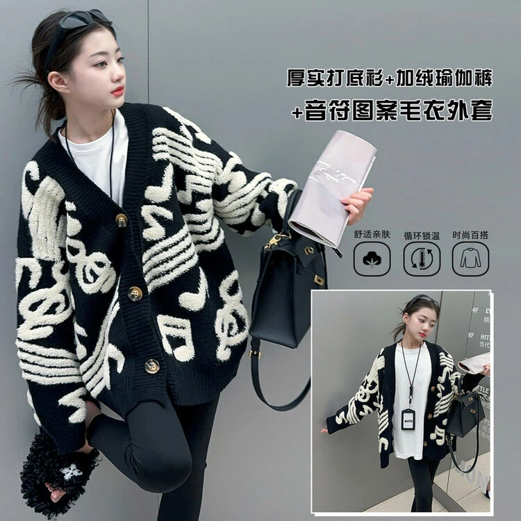 女童2024秋冬慵懒风软糯针织开衫毛衣外套复古音符毛巾绣针织外套