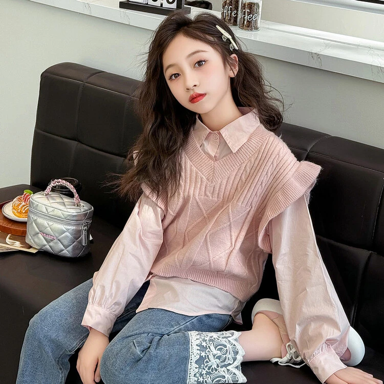 女童秋装2024新款洋气时髦网红大童套装儿童春秋款女孩马甲三件套